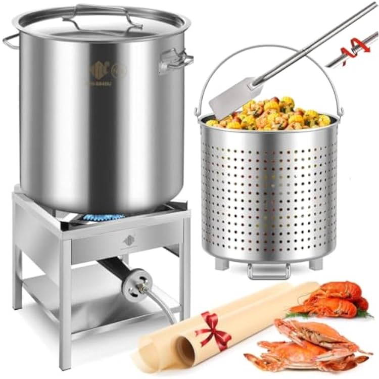 ARC 84QT Stainless Steel Seafood Boil Pot with 200,000BTU Propane Burner and 48 Mixing Paddle, Crab Crawfish Boil Pot and Burner for Outdoors Cooking and Steaming