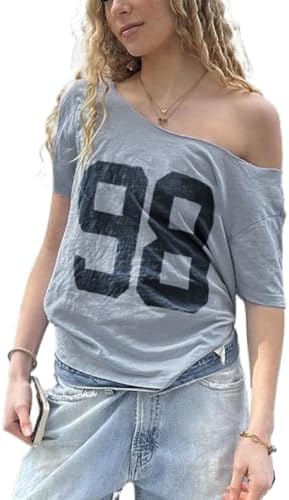Women's Y2k Jersey Shirts Off The Shoulder Number Graphic Tops Short Sleeve Loose Fit 2026 Summer Baggy Streetwear