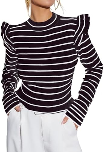 Ezbelle Womens Long Sleeve Ruffle Shirts Striped Rib Knit Blouse Slim Casual Office Trendy Fall Spring Tops 2026