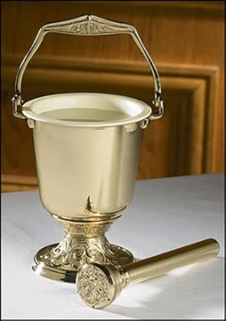 Religious Supply Embossed Holy Water Pot with Sprinkler Set