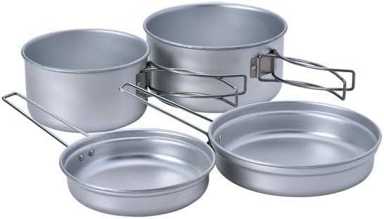 Snow Peak Aluminium Personal Cooker Set, Lightweight Aluminium alloy camping set includes two pots and to pans/lids, stackable & collapsable with mesh carry case for camping & outdoors