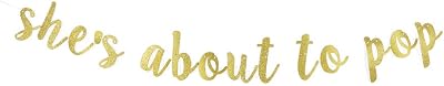 Shes About to Pop Banner, Gold Gliter Paper Sign Decor for Baby Shower Party