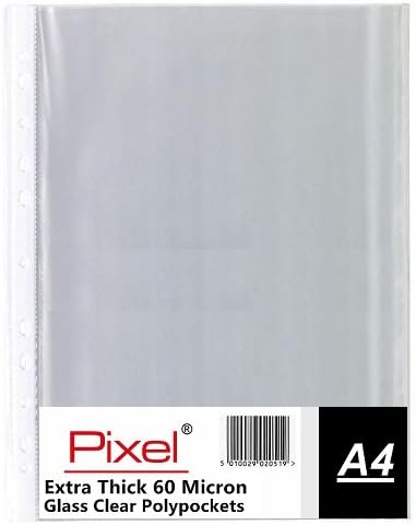 Pixel® A4 60 Micron Glass Clear Transprent Strong Punched Polypockets Poly Pockets Plastic Wallet Sleeve Pack of 100