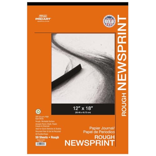 PRO ART Newsprint Paper Pad, 12-inch x 18-inch, 32lb, 50 Sheets, Natural Color Newspaper Sketch & Drawing Paper, High Bulk Rough Finish
