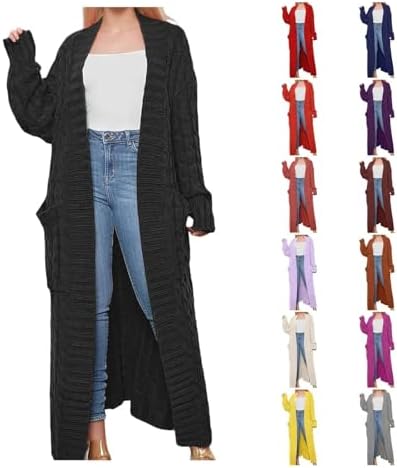 Long Black Cardigan for Women with Pockets Long Sleeve Loose Knit Cable Open Front Casual Cardigan Sweater Outerwear