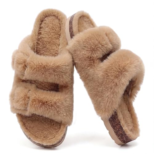 KIDMI Fuzzy Slippers Women with Cork Footbed Fluffy Slides Open Toe Indoor House Shoes | Arch Support | Adjustable Buckles