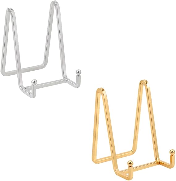 Plate Holder Display Stand Bundle Set - 4.5 Inch Small Plate Stands for Display - Tabletop Easels for Displaying Decorative Plates | Picture Frames | Photos | Books - 2 Pack - Silver and Gold