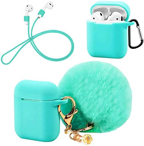 Silicone Hang Case Cover with Locking Carabiner and Fur Ball Keychain Compatible with Airpod Charging Case - Anti-dust Shockproof Silicone Shell Headphone Accessories Turquoise
