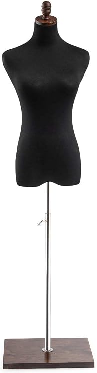 Female Display Dress Form Mannequin in Black Jersey on Modern Wood Flat Square Base by TSC