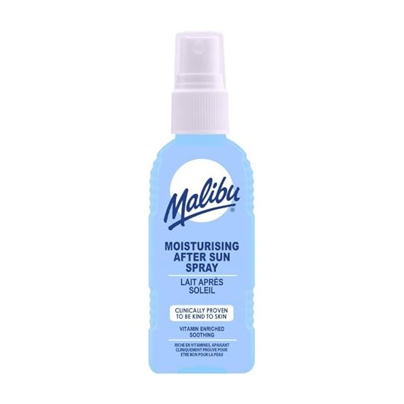 Malibu After Sun Spray 3.4 fl oz Cooling Aloe Vera & Vitamin E Moisturizer for Sunburn Relief, Hydrating Post Sun Care for Face & Body, Fast-Absorbing, Made in UK