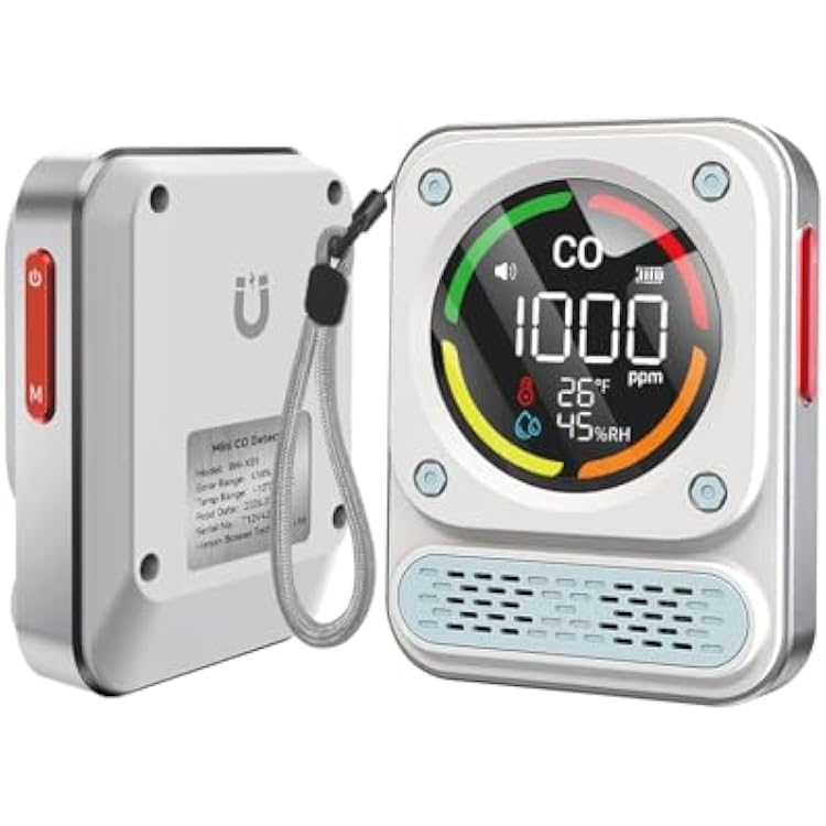 MOESAPU 3-In-1 Portable Carbon Monoxide Detector, 0-1000ppm CO Meter with Temperature Humidity, 260H Standby Rechargeable Battery, Magnetic Air Quality Monitor Alarm for Travel car Camping Home Safety