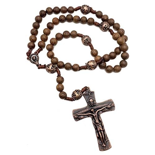 Nazareth Store Our Father Oak Wood Beads Rosary Corded Handmade Prayer Necklace with Virgin Mary Medal and Holy Spirit Jesus Cross