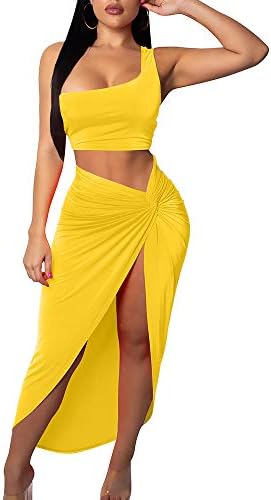 BEAGIMEG Womens Sexy One Shoulder Long Bodycon Slit Skirt 2 Pieces Dress