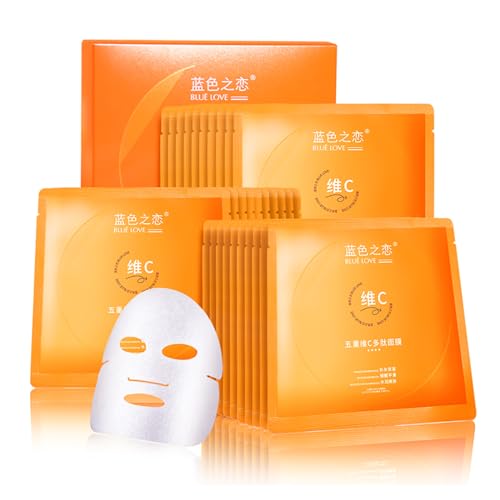 BLUE LOVE 10-Pack Vitamin C Facial Masks - Deeply Hydrating & Firming Sheet for Men and Women, Infused with Essential Vitamins for Radiant Skin Care for Daily Use