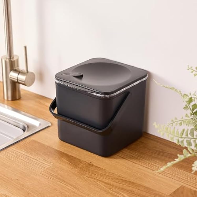 Minky Homecare Kitchen Compost Bin Countertop Food Waste Caddy with Easy Wipe Clean Interior Made in The UK - 3.5L 0.9 gal. ECO Black