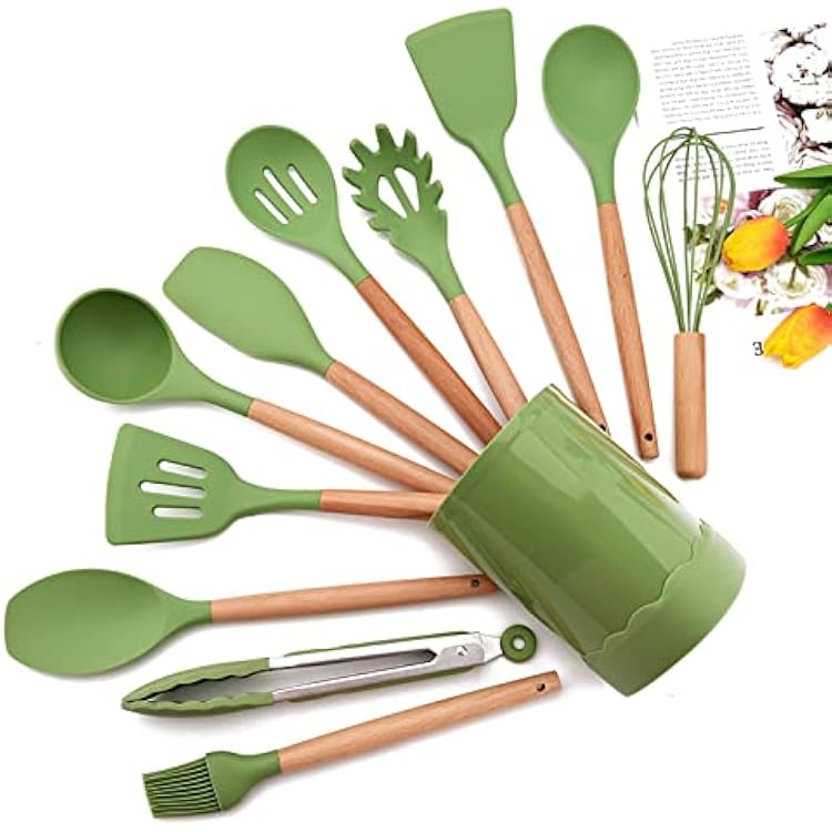 Avocado Green Silicone Cooking Utensil Set, 12pcs Kitchen Utensils Heat Resistant Cooking Tools with Wooden Handle, Kitchen Gadget Set for Nonstick Cookware Silicone Spatula Spoon.