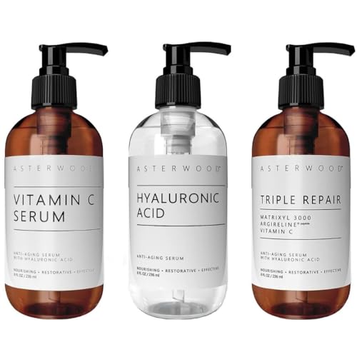 Asterwood Hyaluronic Acid  Triple Repair Matrixyl 3000  Vitamin C Bundle 8 oz each