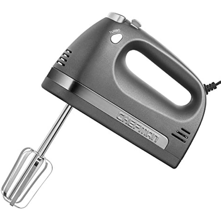 Chefman Button, Easy One Touch Eject, 250 Watts, Chrome Beaters and Free Dough Hooks Included, M, Silver