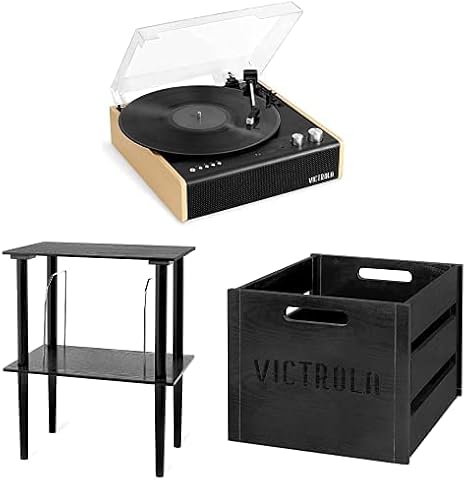 Victrola Eastwood 3-Speed Bluetooth Turntable, Black & Victrola Wooden Stand for Wooden Music Centers with Record Holder Shelf, Black & Victrola Wooden Record Crate, Black