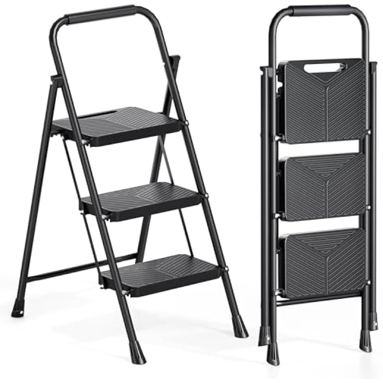 Urackify 3 Step Ladder, Portable Folding Ladder for Multi-Purpose, Home, Kitchen, Heavy Sturdy Steel Step Stool with Handrail, Anti-Slip Wide Pedals, Safe-Lock Design, Pass 500lbs Load Testing, Black