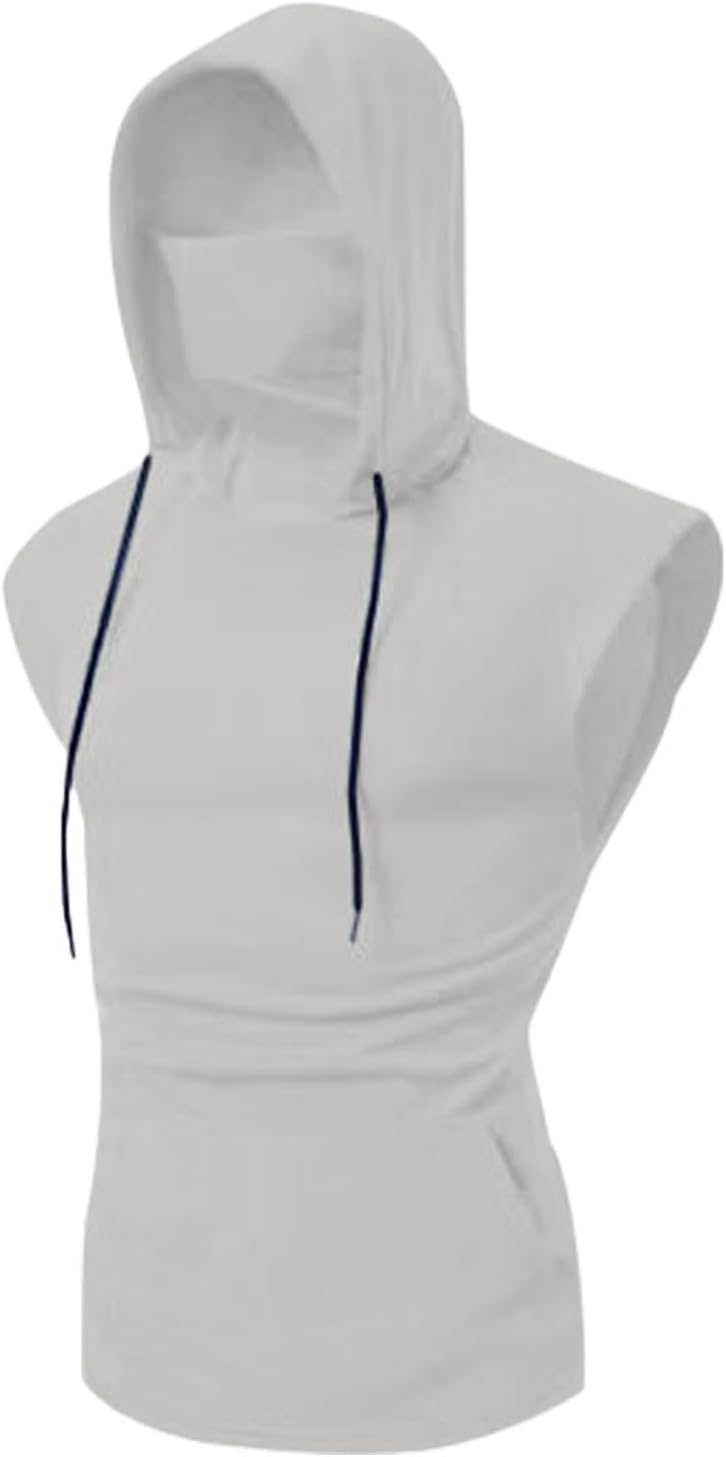 Sleeveless Hoodies for Men Mask Tank Tops with Bulit in Neck Pocket Summer Shirts Pullover Tops Gym Tees Fitness Vest