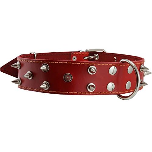 Real Leather Red Spiked Dog Collar Spikes, 1.75 Wide. Fits 22-26 Neck, XLarge Breeds