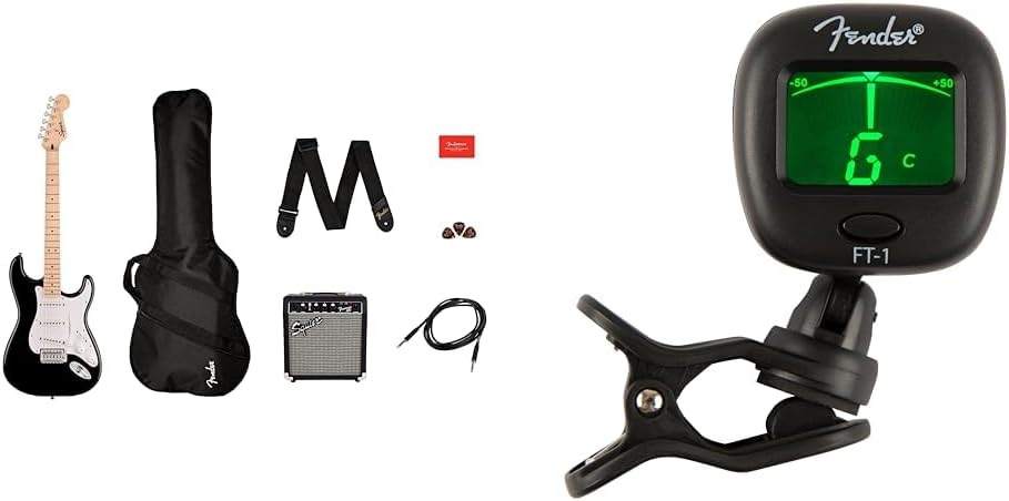 Squier by Fender Sonic Stratocaster Electric Guitar Pack, Maple Fingerboard in Black, Gig Bag & FT-1 Pro Clip-On Tuner, For Electric, Acoustic & Bass Guitars & Ukuleles, Black