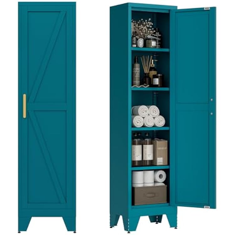 67 Tall Narrow Bathroom Metal Storage Cabinet with 4 Adjustable Shelves, Freestanding 5 Tier Slim Pantry Storage Cabinet for Small Space, Peacock