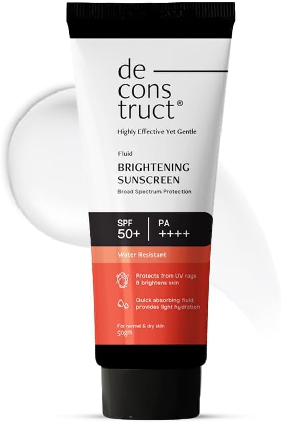 Deconstruct Brightening Fluid Sunscreen SPF 50+ with Niacinamide | Lightweight, Dewy & Hydrating for Dry & Normal Skin | Broad Spectrum UVA/UVB Protection | 8-Hour Long-Lasting, Water-Resistant | 50g