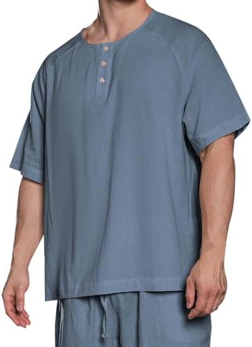 Linen Shirts for Men Slim Fit Button Round Neck Solid Color Short Sleeve Blouses Casual Fashion Lightweight Tees Top
