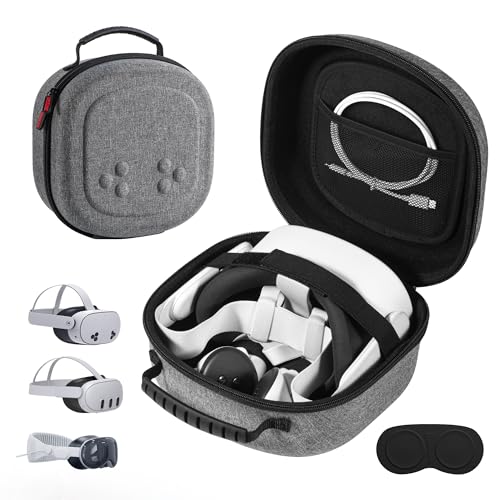 DEVASO Compact Carrying Case for Meta Quest 3Quest 3SVision Pro, Small Hard Case with Lens Protector Cover for VR Headset, Touch Controller, Original Fabric Strap & Accessories Gray