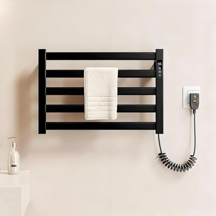 Towel Warmers for Bathroom, 5 Bars Waterproof Electric Towel Warmer Racks, Wall Mounted Heated Towel Rack with Built-in Timer & Temperature Multi-Level Adjustable, LED Display Screen, Plug-in-Black