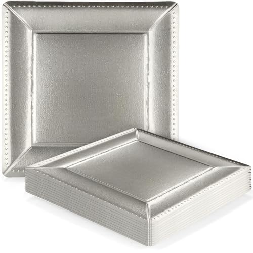Kaya Luxurious Silver Square Edge Beaded Paper Disposable Charger Plates - 13 Pack of 10 - Elegant and Eco-friendly - Perfect for Weddings, Parties, and Celebrations, Large