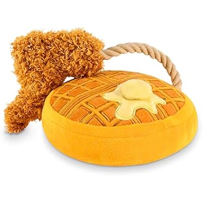 P.L.A.Y. Cute Plush Dog Toys - Brunch Food Themed Durable Squeaker Rope Chew Toy for Medium & Large Dogs - Machine Washable, Recycled Materials Chicken & Waffles, Medium