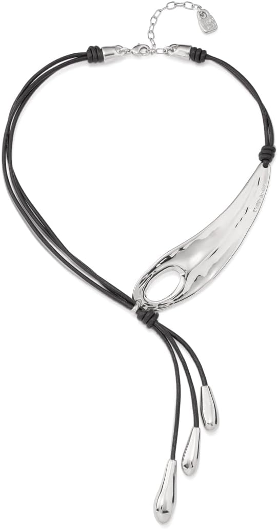 Uno de 50 BIG LEAF Necklace, Sterling Silver-Plated & Leather, 16" Extendable to 18"