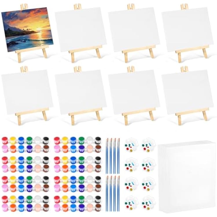 Acrylic Paint Set with 8 PCS 11.8In Easel & 16 PCS 8X10In Canvas, Painting Canvas Panel with Easel, Art Canvas Painting Kit with Brushes & Paint Trays for Kids Teenagers Acrylic Oil Water Color Gift