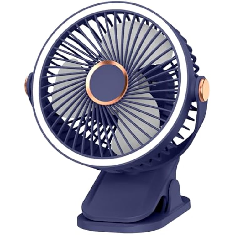 Thanksgiving & Christmas Gift Pick, Clip on Rechargeable Fan Portable with LED Lights, Battery Operated Fan for Bedroom Fans, Small Desk Fan for Golf Cart, Office, Outdoor, Travel, Camping, Blue