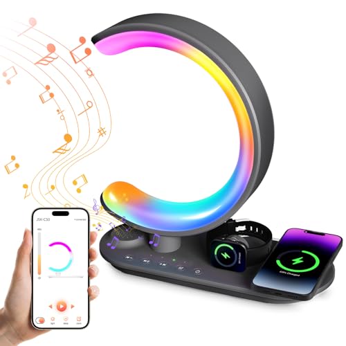 Wireless Charging Atmosphere Lamp, 4 in 1 Bluetooth Speaker Night Light with 24 Soothing Sounds, 16M Colors & App Control, Smart Light Sound Machine for Bedroom Home Decor Grey