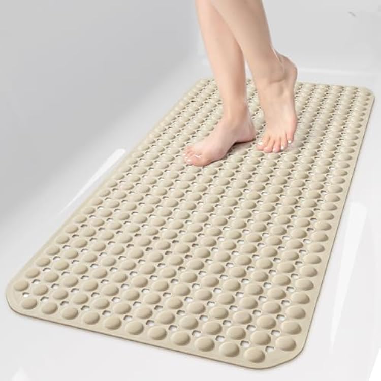OTHWAY Bath Tub Shower Mat Non Slip, Bathtub Floor Liner Mats for Inside Shower Bathroom, Suction Cups and Drain Holes for Feet Scrubbing, Machine Washable, Soft on Feet, 35x16 Inch, Brown