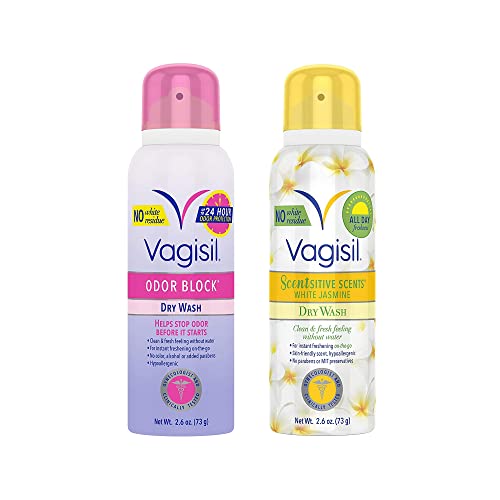 Vagisil Feminine Dry Wash Deodorant Spray for Women, Gynecologist Tested, On The Go Hygiene, 2 Scent Bundle - White Jasmine, Odor Block 2.6 oz Each