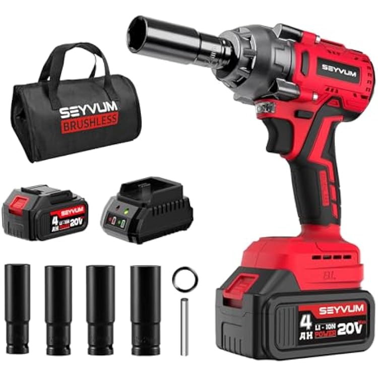 SEYVUM Impact Wrench,12 Impact Gun, Power Impact Driver Max Torque 320 Ft-lbs 430N.m, Cordless Impact Wrench with 20V Brushless Motor, 4.0Ah Li-ion Battery with Fast Charger, 4 Pcs Impact Sockets