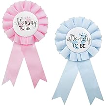 2 Pieces Daddy and Mommy To Be Tinplate Badge Pin, Celebration Gender Reveal Party Favor New Dad Mom Gifts Rosette Buttons with Ribbon Baby Shower Decorations (Pink + Blue)