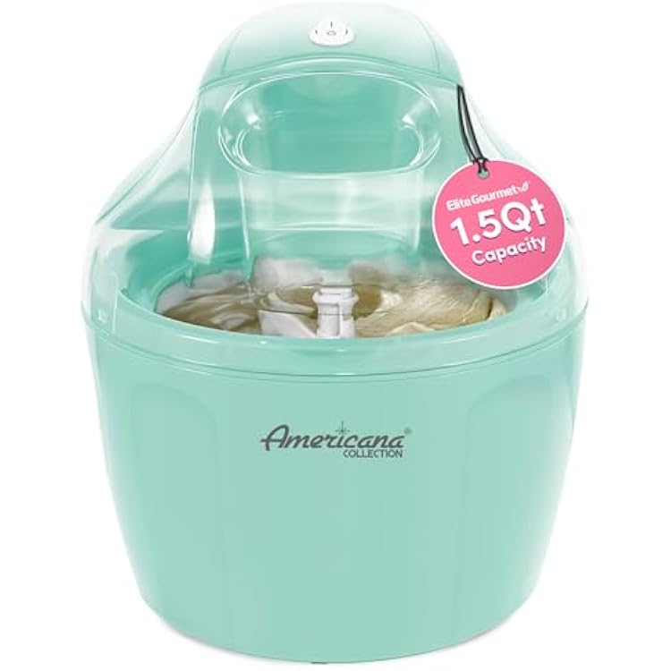 Americana EIM-1400M 1.5 Qt Freezer Bowl Automatic Easy Homemade Electric Ice Cream Maker, Ingredient Chute, OnOff Switch, No Salt Needed, Creamy Ice Cream, Gelato, Frozen Yogurt, Sorbet, Recipe Book