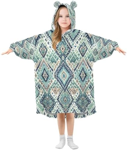 Ikat Pattern Wearable Blanket Hoodie for Kids, Warm Cozy Sherpa Blanket Sweatshirt With Pocket