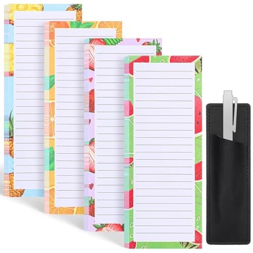 4 Pack Magnetic Note Pad for Fridge with Pen Holder, Totally 200 Sheets Grocery List Magnet Pad for Refrigerator Magnetic Shopping List PadFruit Design