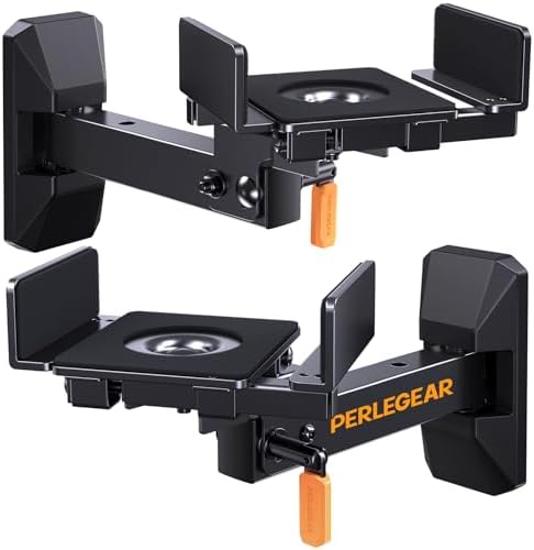 Perlegear Wall Mounts - Pre-Assembled Bookshelf Speaker Mount with Cushioned Tilt Knob, Swivel and Rotate, Dual Side Clamping Mount up to 11 lbs, Black and Orange, 1 Pair, PGSM02B