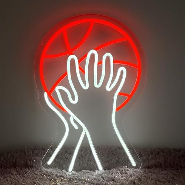 Neon Sign for Wall Decor, Basketball Neon Lights for Bedroom, Game Room, Man Cave, Sports Bar, Teen Room, Boys Room, Girls Room, LED Neon Sign, Hands Holding Basketball Neon Wall Light, Cool Basketball Room Decor, USB Powered LED Wall Sign, 14.6 x 10.2 RedWhite
