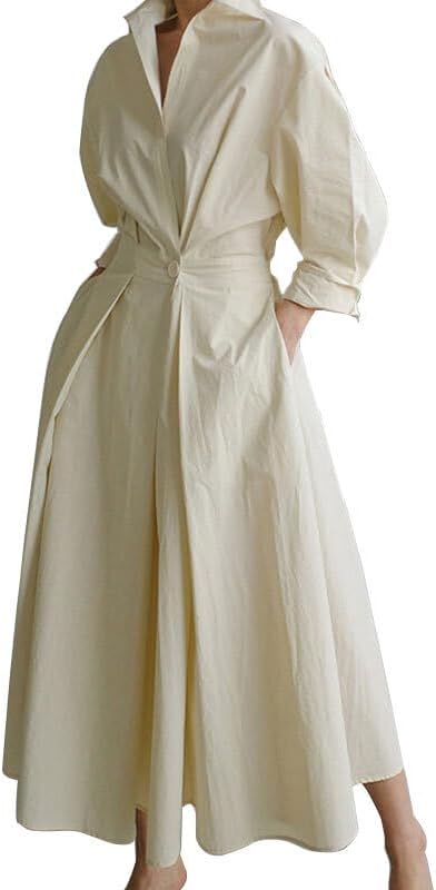 UOOZEE Women's Long Sleeve Maxi Shirt Dress Elegant Lapel V Neck Loose Swing A Line Party Dress with Pockets