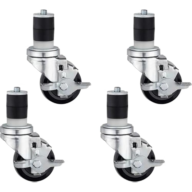 DuraSteel 1-12 Expanding Stem Caster with Side Brake - Stem Casters for Commercial Stainless Steel Prep Folding Table Wheels for Tables Legs - 3 Wheel, 530lbs Capacity Each, Table Casters Set of 4