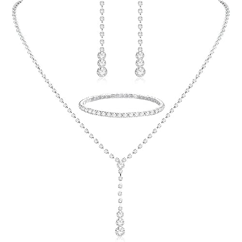 Silver Bridal Jewelry Set Rhinestone Necklace Bracelet Dangle Earrings for Bride Bridesmaid Teardrop Pendant Crystal Wedding Prom Jewelry Accessories for Women2 earrings and 1 necklaceand 1 bracelet